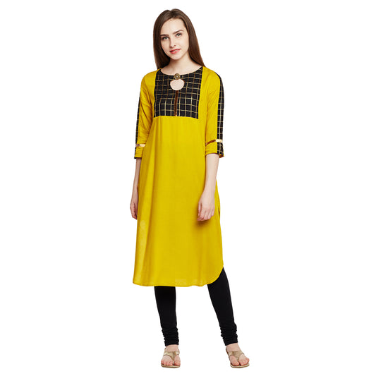 Mustard Color Kurta With Checkered Yoke