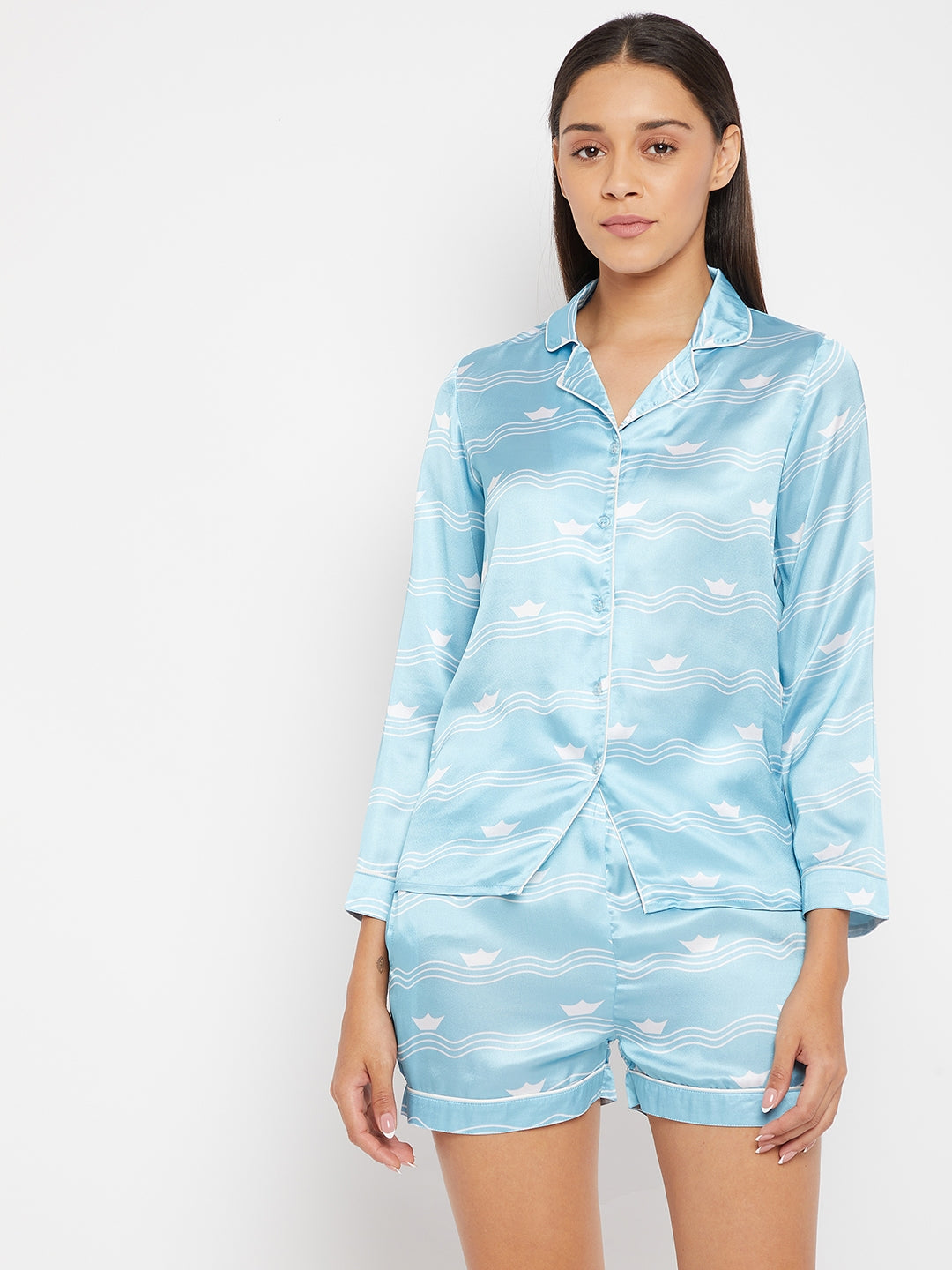 Women Blue & White Printed Night suit