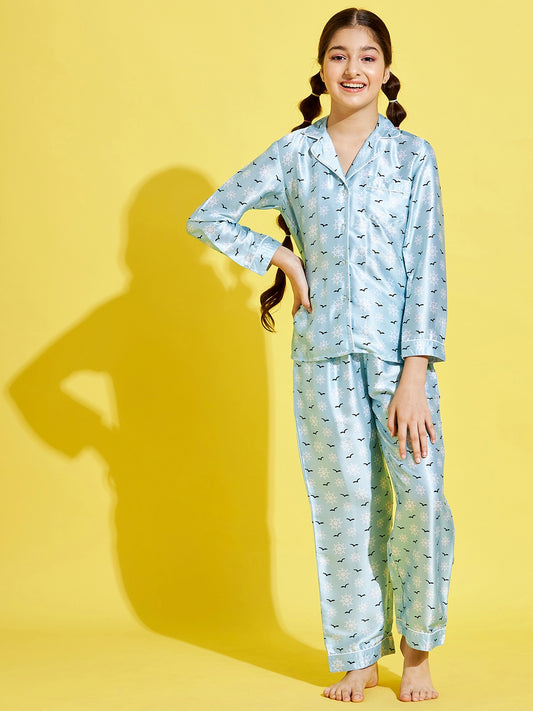 Cherry Jerry Girls Turquoise Blue Black Printed Satin Night suit