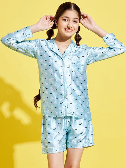 Cherry Jerry Girls Turquoise Blue White Printed Night suit