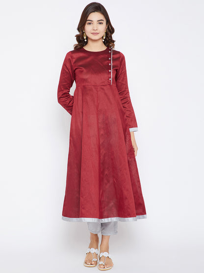 Women's Maroon And Silver Color Anarkali Ankle Length Kurta