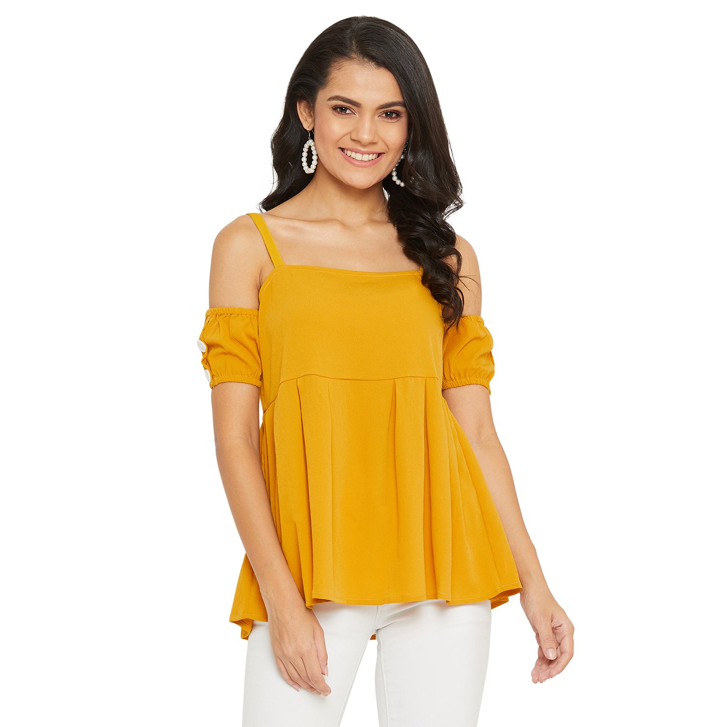 Mustard Solid Off Shoulder Puff Sleeves Bardot Top