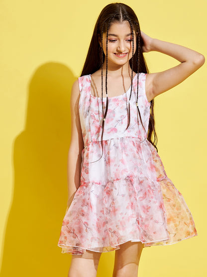 Girls White & Pink Floral A-Line Dress