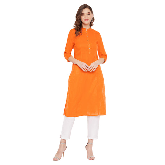 Women orange pin tuck solid kurta