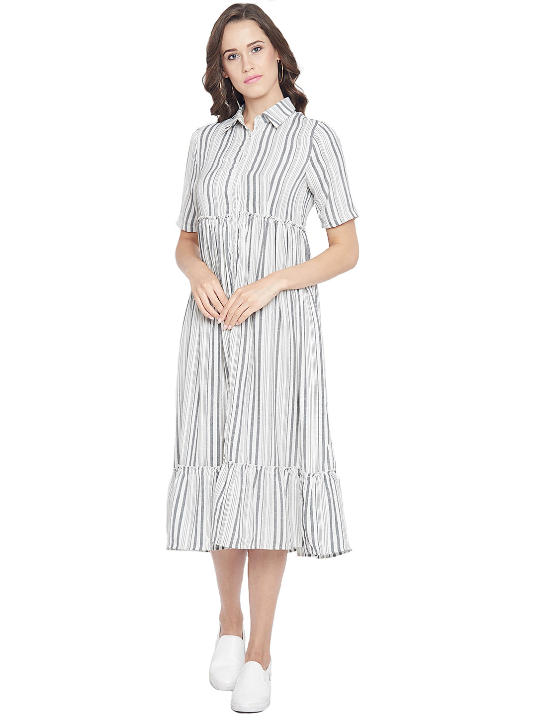 Women's Ivory grey strip weaved Flare Shirt Dress