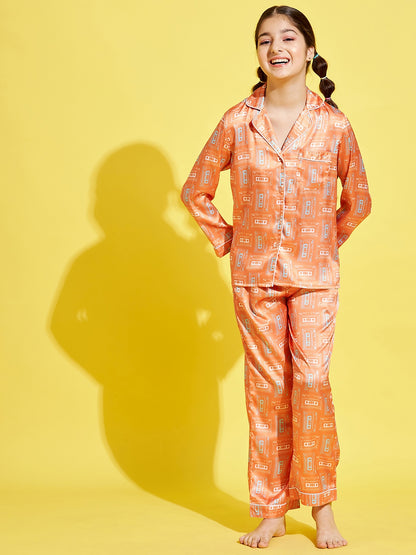 Cherry Jerry Girls Orange White Printed Night suit