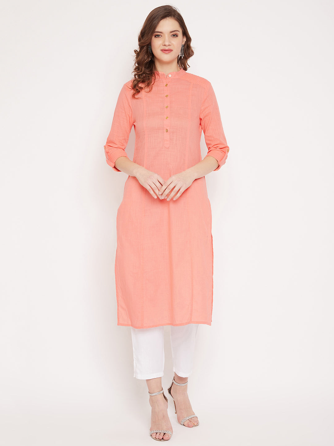 Women peach pin tuck solid kurta