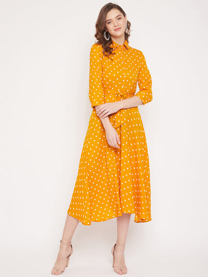 Women Mustard Yellow Printed A-Line Dress