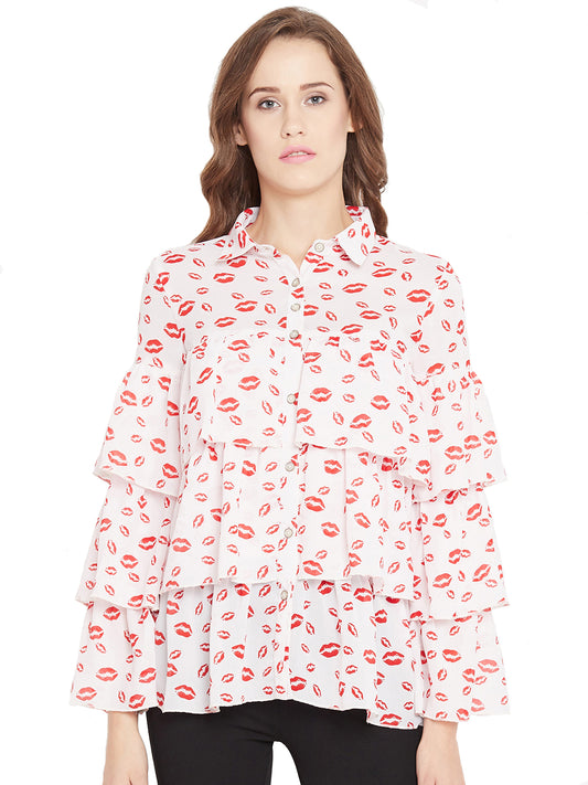 White Printed Ruffle layer Shirt