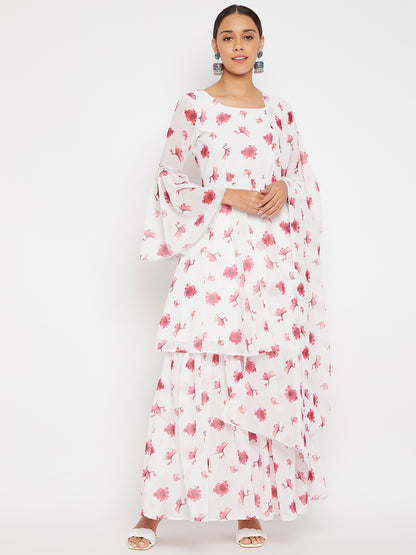 Women White Pink Red Floral Print Sharara Set With Dupatta