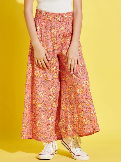 Cherry Jerry Girls Orange Floral Printed Relaxed Pleated Cotton Trousers