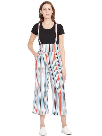 Women's white based multicolour stripes print mid length culotte