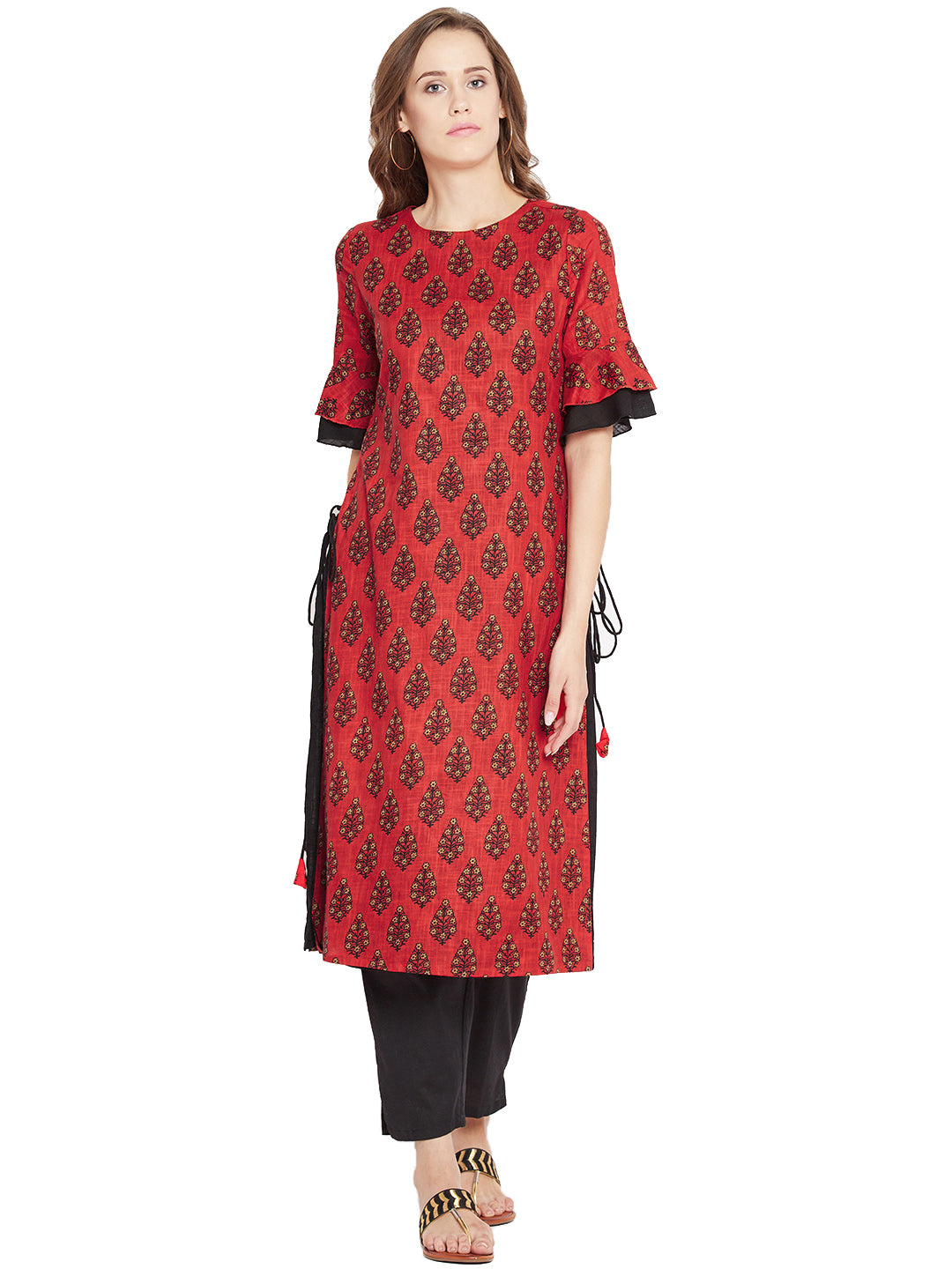 Women's Red Ethnic Motif Printed Mid Length Layed Kurta