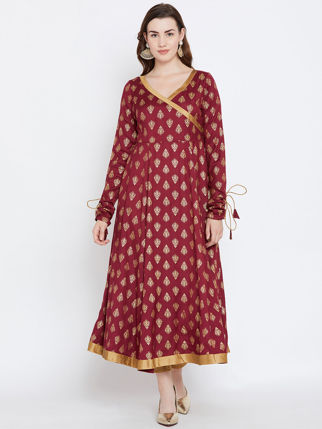 Women's Maroon Color And Gold Foile Printed Anarkali Ankle Length Kurta