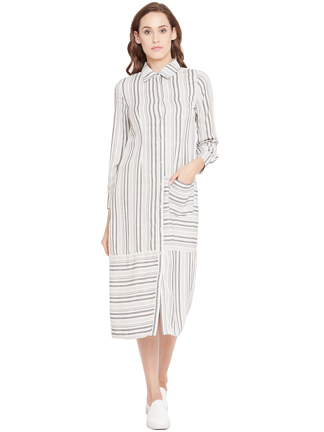 Women's Ivory grey strip weaved Shirt Dress with Pocket