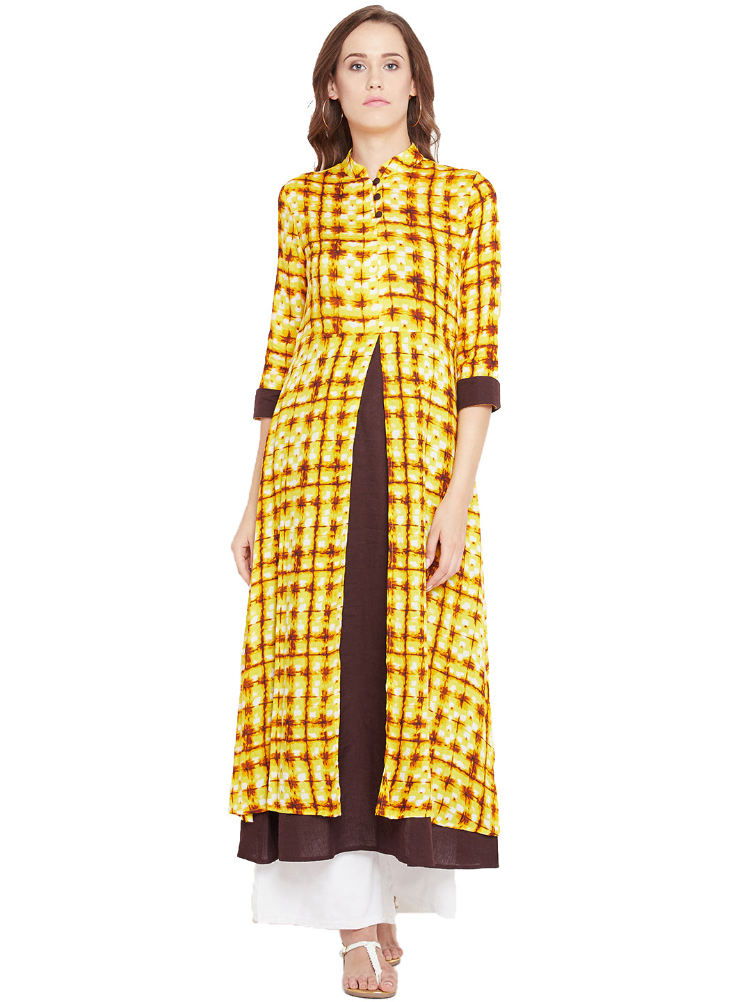 Women's Yellow And Brown Based Shibori Printed Mid Length Layered Kurta