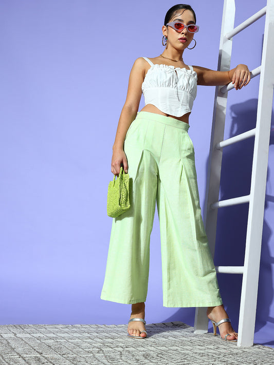 PANIT Women  Lime Green Solid Wide Leg Trousers