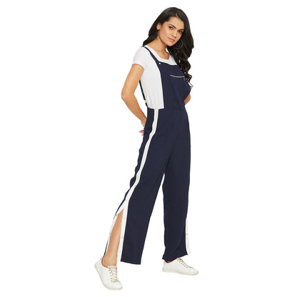Navy Blue solid dungarees with side stripes detail