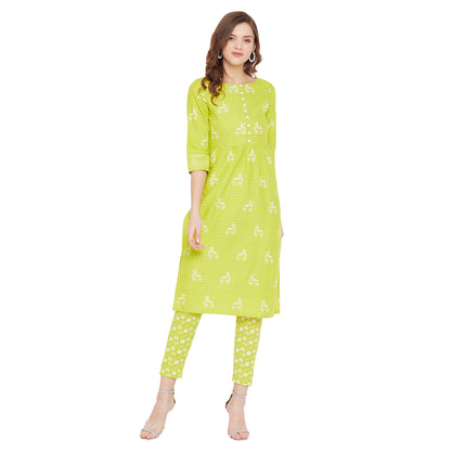 Lime green block print kurta with matching trouser