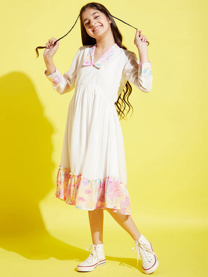 Girls White & Pink A-Line Midi Dress