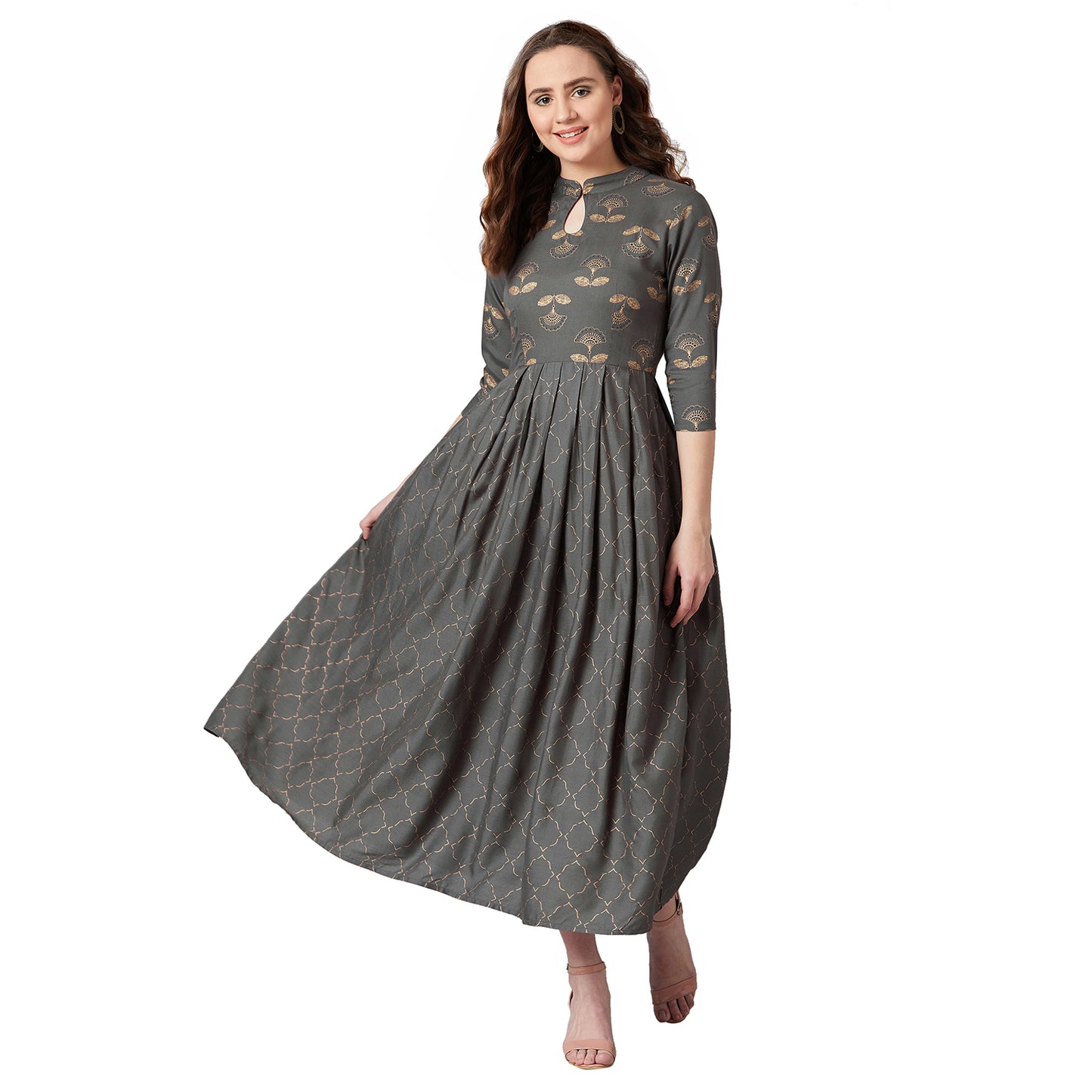 Women Charcoal Grey & Gold Block Floral Print Fit and Flare Dress