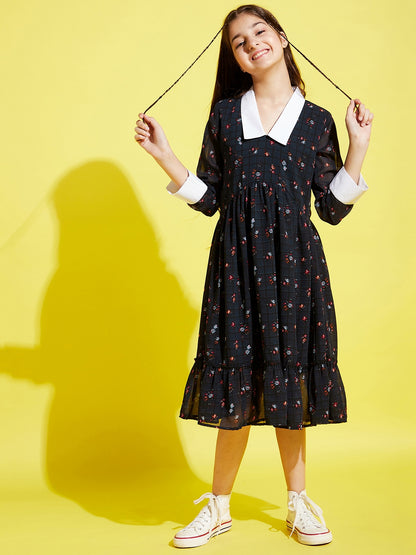 Girls Navy Blue & White Floral Midi Dress