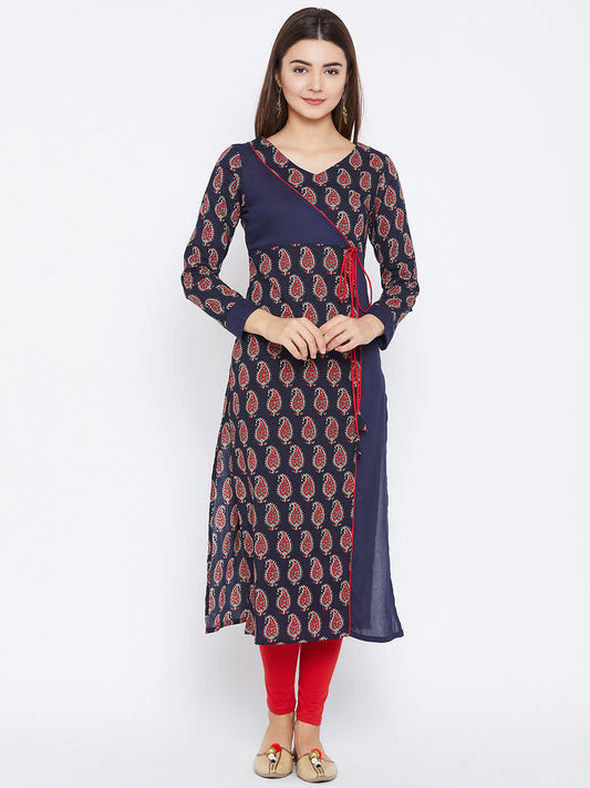 Women's Navy Blue And Red Color Paisely Printed Streight Fit Angrakha Kurta