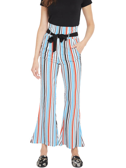 Women's white multicolour stripes print high waist bootcut trouser