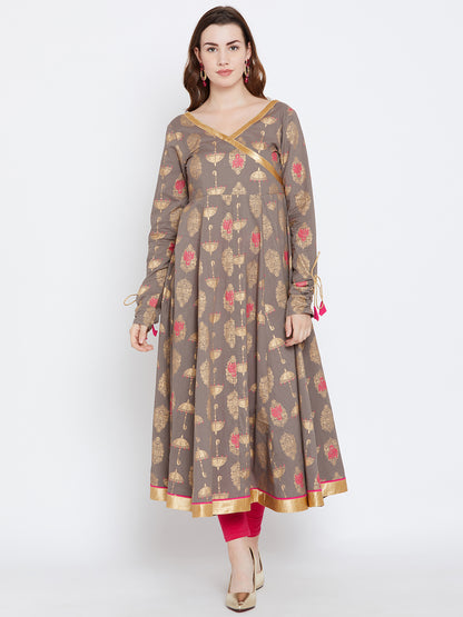 Women's Grey And Pink Color ,Gold Foile Printed Anarkali Ankle Length Kurta