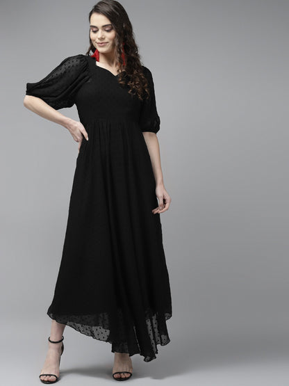 PANIT Black Solid Georgette Dobby Maxi Fit  Flare Dress
