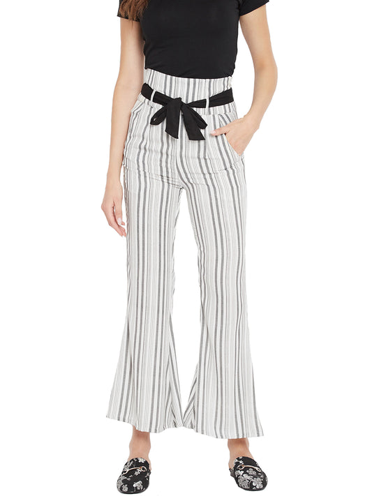 Women's ivory and grey stripes high waist bootcut trouser