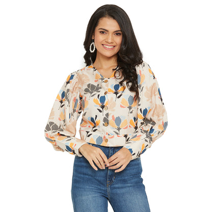 Light Brown Floral Printed Top With Puff Sleeve