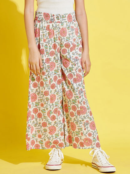 Girls White Floral Printed Relaxed Cotton Trousers