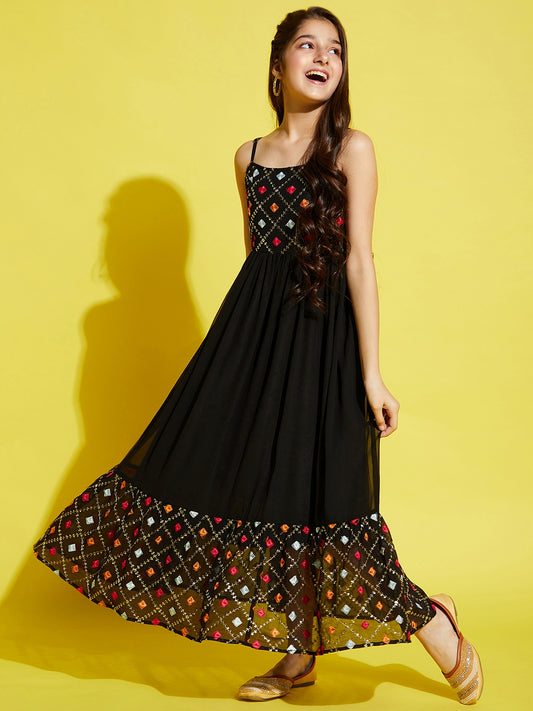 Girls Black & Red Floral Embroidered Ethnic Maxi Dress