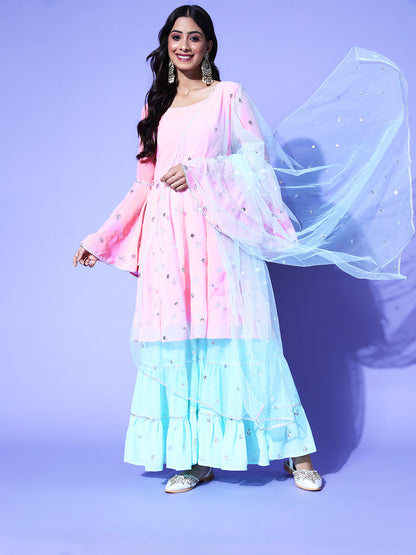 Embroidered baby pink kurta and baby blue sharara with matching embroidered dupatta