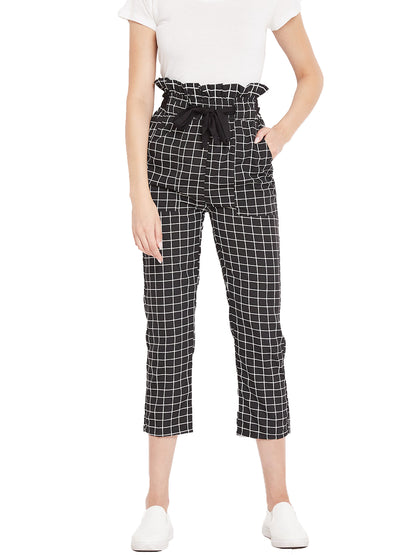 Women's black and white plaid pleated high waist trouser