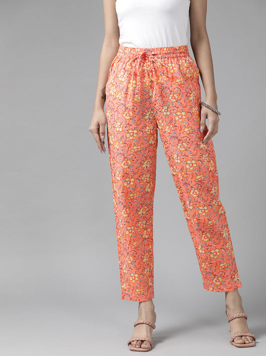Women Peach-Coloured & Yellow Cotton Floral Printed Comfort Fit Trousers