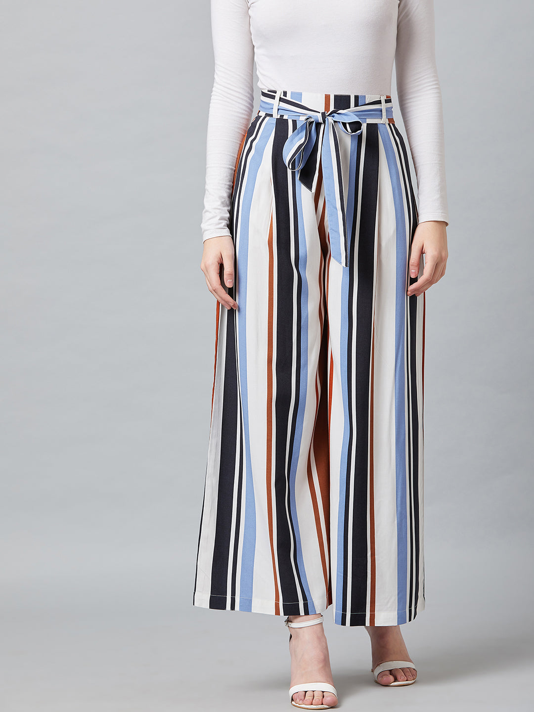 Women Blue & Black Relaxed Loose Fit Striped Trouser