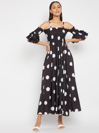 Women Black Base and White Polka Dot Printed Maxi Dress