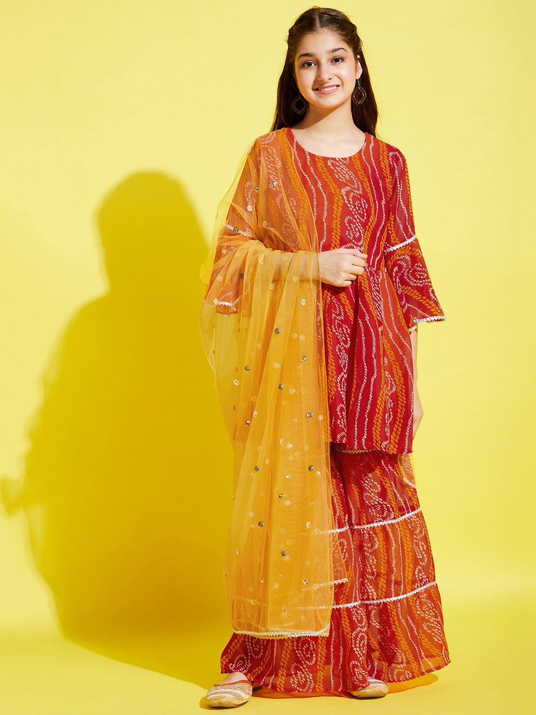 Girls Orange Bandhani Printed Empire Kurta with Sharara & Dupatta