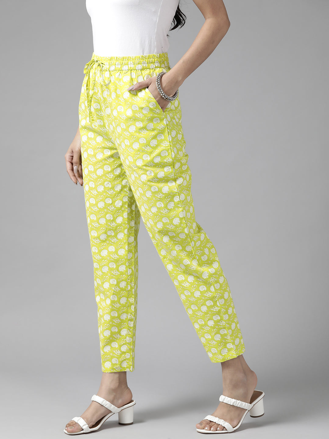 Women Lime green and white woven trousers