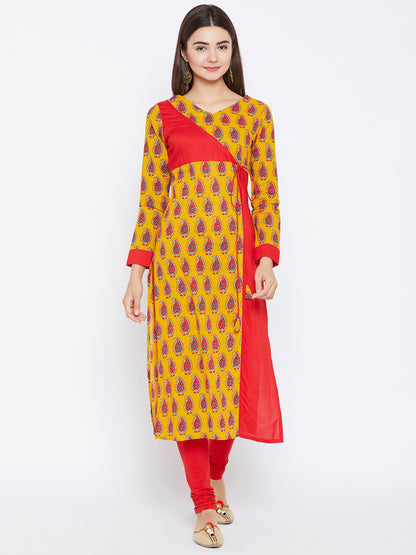 Women's Yellow And Red Color Paisely Printed Streight Fit Angrakha Kurta