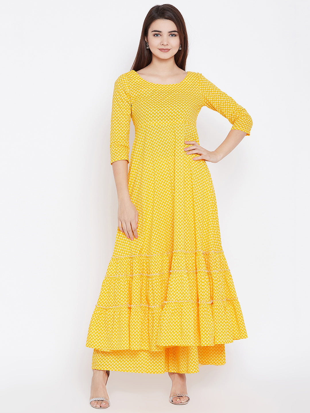 PANIT Women Yellow Printed Tiered A-Line Kurta