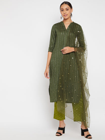 Women Green Striped Kurta with Trousers and Dupatta