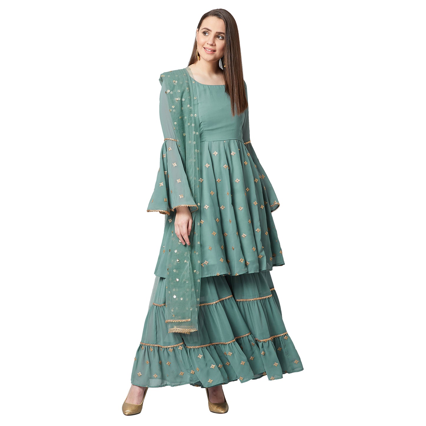 Women Sea Green & Gold Self Design Kurta with Sharara & Dupatta