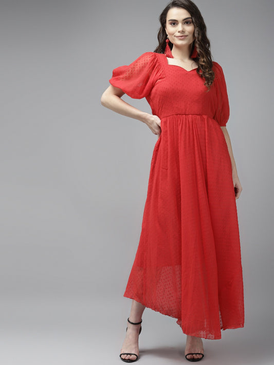 PANIT Red Solid Georgette Dobby Maxi Fit  Flare Dress