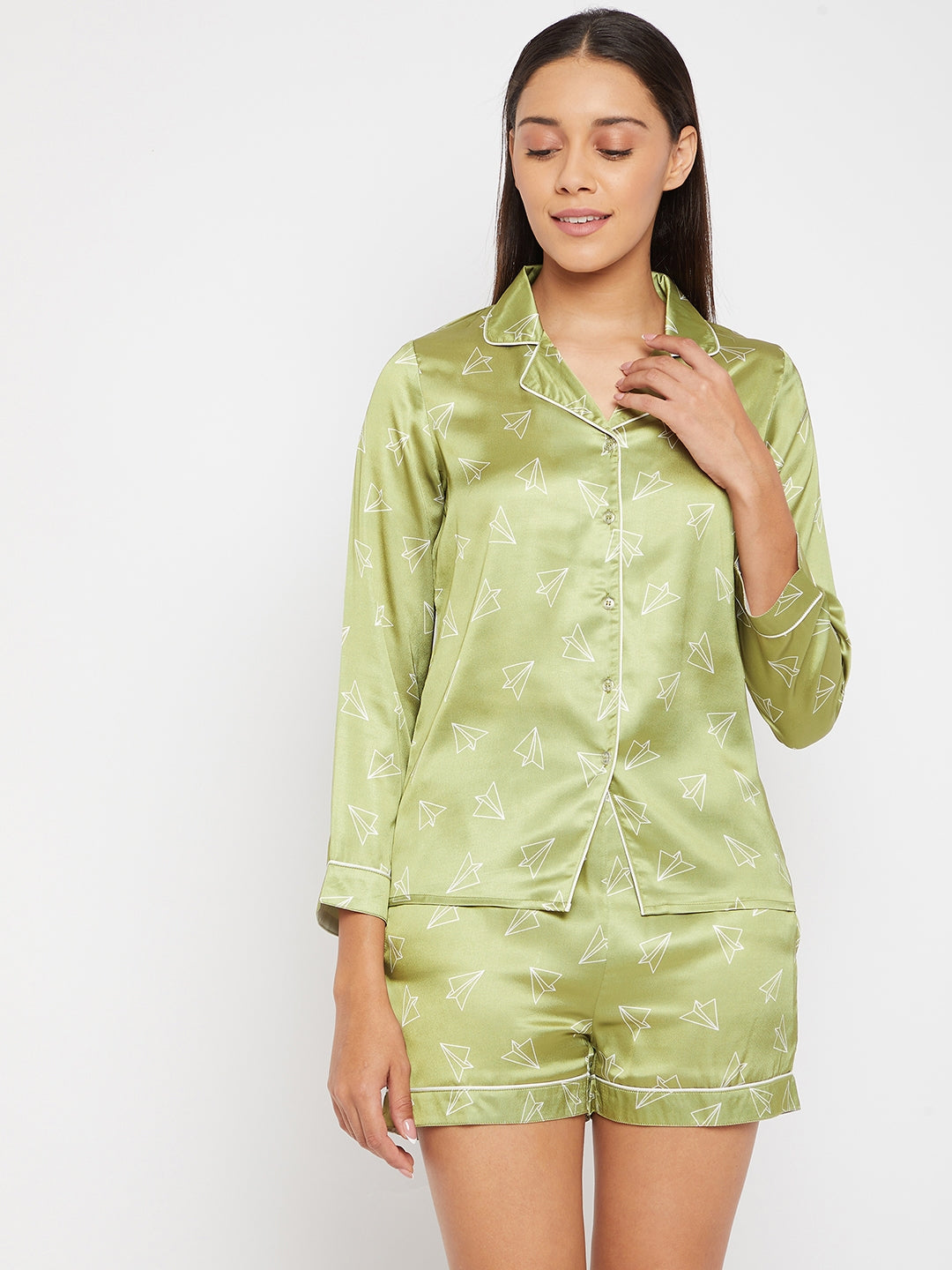Women Lime Green & White Printed Night suit