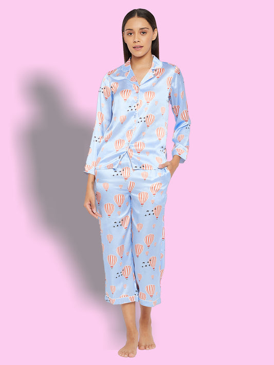 Women Blue & Red Printed Night suit