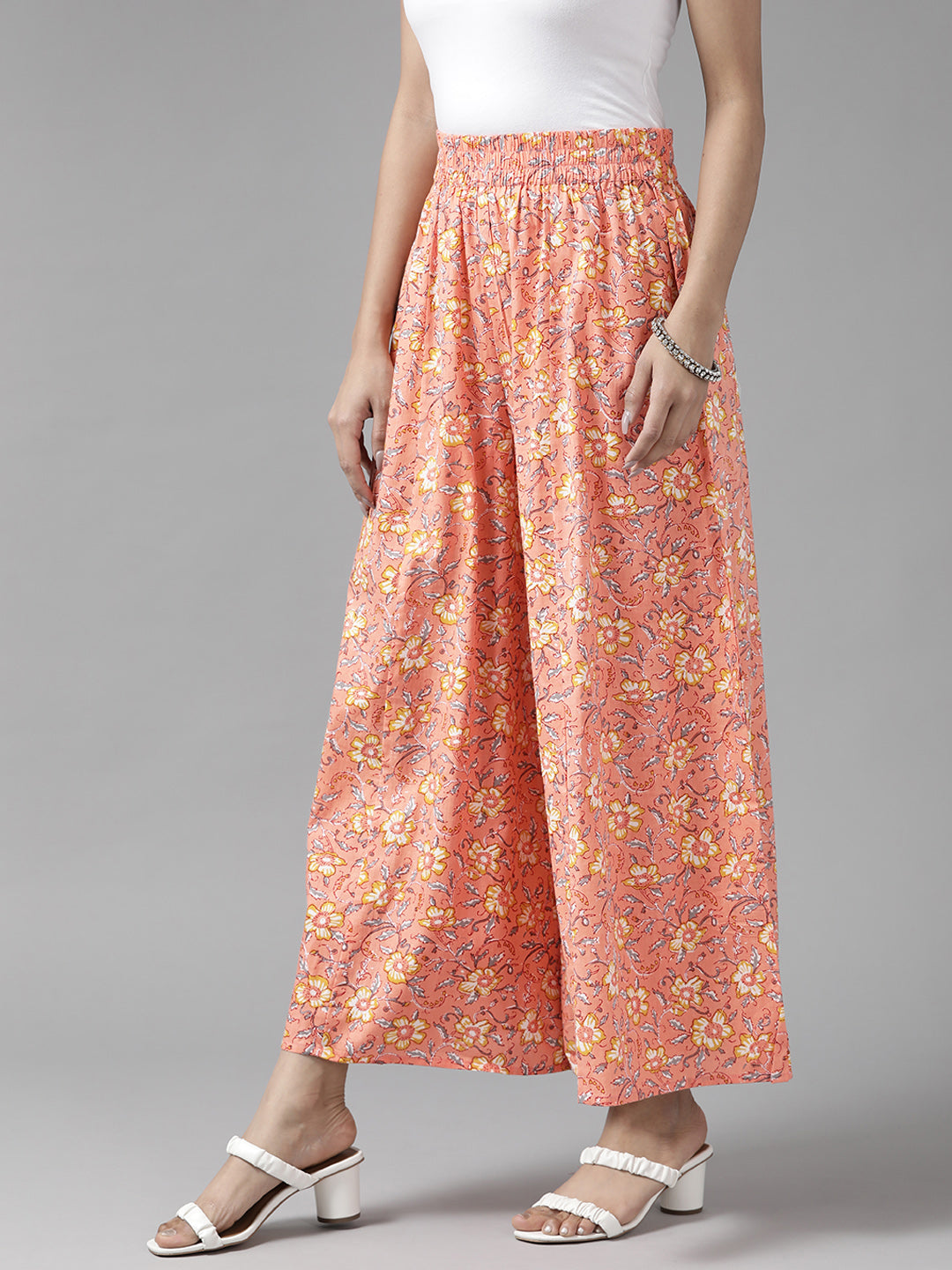 Women Coral Pink & Yellow Floral Printed Cotton Palazzos