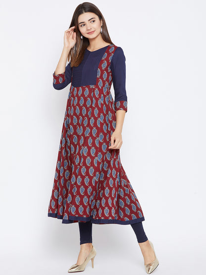Women's Maroon And Navy Blue Paisely Printed Anarkali Ankle Length Kurta